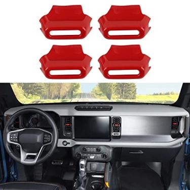 Imagem de Jimen Compatível com Ford Bronco 2021-2023, 4 peças de acabamento da tampa do botão de ajuste da saída de ar do console central (vermelho)
