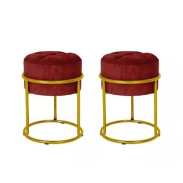 Imagem de Kit 2 Puff/Banquetas Redondas em Ferro – Confortáveis e Modernos, Ideais para Sala, Escritório, Penteadeira e Decoração (Bordo)