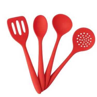Imagem de Mini Kit Cake de Utensílios em Silicone Premium Kit com 4 Peças Colher, Espátula, Concha e Escumadeira Resistente ao Calor Antiderrapante Fácil de Limpar Não Risca FONSES (VERMELHO)