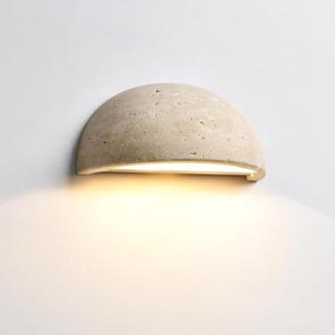 Imagem de Aplique de parede nórdico moderno em mármore, luminária de arte wabi-sabi em formato de meia-lua e semicírculo, feita em travertino amarelo, estilo japonês, ideal para cabeceira de cama, qua