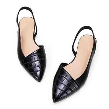 Imagem de LAICIGO Sandálias femininas fechadas com bico fino e salto baixo, sem cadarço, estampa animal, costas nuas, Preto, 35