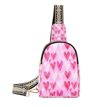 Imagem de CEBUGI Bolsa tiracolo feminina pequena com estampa de corações, pochete de couro, bolsa de peito para caminhadas, viagens ao ar livre