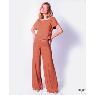 Imagem de Calça Pantalona Wide leg Amar Devi, Caramelo, Terracota, M (40 - 42)