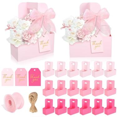 Imagem de Whaline Sacos de presente de flores rosa, 18 unidades de porta-bebidas com alça para 2 xícaras, caixa de embalagem floral Kraft, porta-papel, cestas com etiquetas para casamento, dia dos namorados