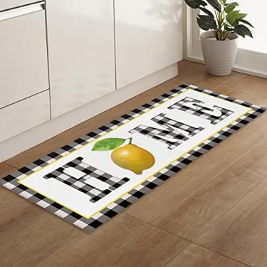 Imagem de Tapete de corredor de cozinha, amarelo fresco limão casa preto branco búfalo xadrez antiderrapante tapete tapete de porta tapete para quarto cabeceira lavanderia banheiro 40 x 47 cm