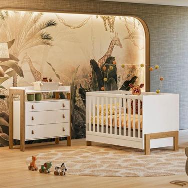 Imagem de Quarto de Bebê Fantasia com Cômoda 4410 e Berço Mini Cama 4300 Qmovi Branco Acetinado