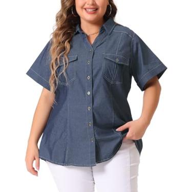 Imagem de Agnes Orinda Camisas de cambraia plus size para mulheres, camisas de trabalho, manga curta, cambraia com botões 2024, Preto, azul, 3X