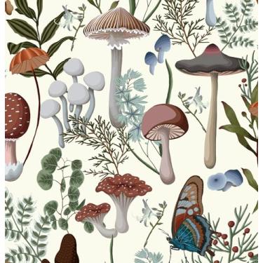 Imagem de EeeComing Papel de parede de cogumelo Papel de parede Boho Papel de parede de contato com cogumelos Papel de parede removível para quarto, sala de estar, estante, banheiro, vinil autoadesivo 199,9 cm