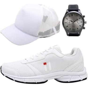 Imagem de Tênis Esportivo Masculino Treino Academia Pedalada Kit com Boné e Relógio Original (Branco, BR, Adulto, Numérico, M, 43)