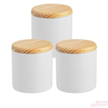 Imagem de Kit 3 porta cotonete porcelana com tampa madeira pote louça - Loja Bor