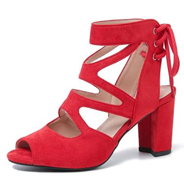 Imagem de fereshte Sandália feminina gladiadora com tiras com cadarço, vazada, salto alto grosso, Vermelho, 36