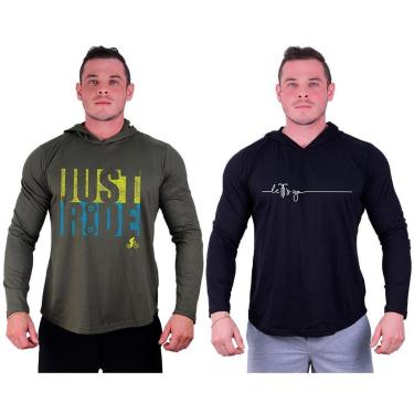 Imagem de Kit 2 Camisetas Manga Longa com Touca Longline Estampada Fitness Musculação Dia-a-Dia-Masculino