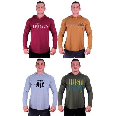 Imagem de Kit 4 Camisetas Manga Longa com Touca Longline Estampada Fitness Musculação Dia-a-Dia-Masculino