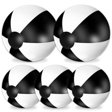 Imagem de Whaline 5 bolas de praia infláveis 61 e 40,6 cm, bolas redondas de PVC, brinquedos fofos para o verão, tema tropical havaiano, decorações de festa na praia, acessório de jogo de areia (preto e branco)