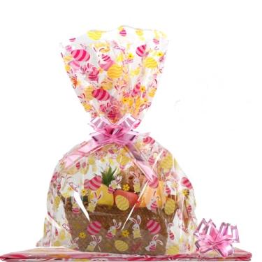 Imagem de SUREHOME Sacos de celofane para cestas de presente, pacote com 10, 61 x 76 cm, grandes sacos de presente transparentes para cestas de Páscoa, saco de plástico para violoncelo com fita de laço