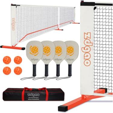 Imagem de SGSPORT Redes de Pickleball portáteis – Conjunto completo de suporte de moldura de metal para pickleball com rede de regulação de 5 metros, bolsa de transporte, pás para Pickleball para 4 jogadores, 4 bolas oficiais para jogos internos e externos