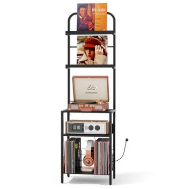 Imagem de Homsorout Suporte para toca-discos com armazenamento de vinil – mesa giratória de 5 camadas com tomada, pés ajustáveis, armário de metal e madeira – Prateleira organizadora de console para sala de