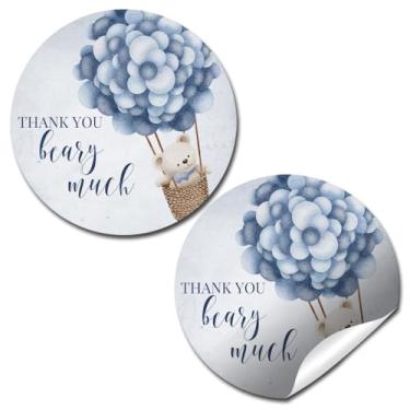 Imagem de Adesivos de chá de bebê de urso de pelúcia azul - 40 etiquetas adesivas de círculo redondo de 5 cm - Adesivos de lembrancinha de festa de urso de balão fofo, etiquetas de sacolas de presente e selos