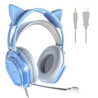 Imagem de Wantek Lindo fone de ouvido para jogos de orelha de gato - drivers de 50 mm, microfone com cancelamento de ruído, design elegante e leve com fio de 3,5 mm (azul)