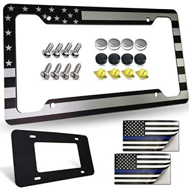 Imagem de Moldura de placa de carro com bandeira americana - suporte de etiqueta de carro personalizado patriótico dos EUA, suporte de alumínio resistente preto de 4 furos, capa fina para para-choque frontal, caminhão ou SUV, parafusos, bonés, decalque de bandeira