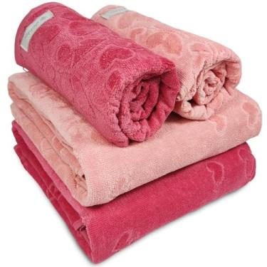 Imagem de Jogo de Toalhas Banhão Gigante Dohler Romance Coração Borboletas 100% Algodão Aveludada 4Pçs (Cereja/Rosé)