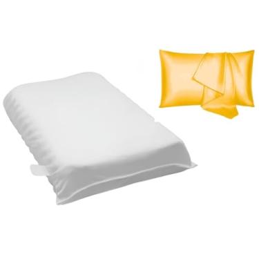 Imagem de Kit 2 Travesseiros ortopédicos cervical magnéticos espuma soft infravermelho anti ronco (2 cervical + 2 cetim amarela)