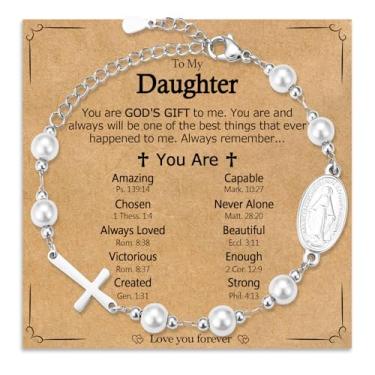 Imagem de WIKHIA Pulseira com pingente de cruz de pérola para meninas, batismo, primeira comunhão, presentes de Páscoa para adolescentes, meninas, crianças, joias cristãs religiosas católicas para afilhada