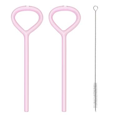 Imagem de Pacote com 2 canudos antirugas - Canudos de vidro em forma de coração sem rugas, canudos curvos reutilizáveis com escova de limpeza, canudos criativos adequados para batom para mulheres (rosa)