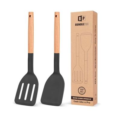 Imagem de Pacote de 2 espátulas de cozinha de silicone, espátula sólida resistente ao calor, espátulas com fenda antiaderentes com alça curta de madeira, conjunto de utensílios de cozinha de madeira ideal para fritar, assar, virar