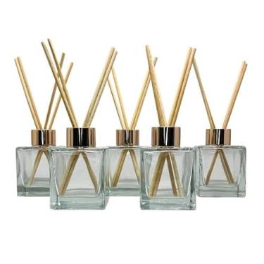 Imagem de KIT 05 Frasco de Vidro Cubo 100ML Tampa Luxo Para Aromatizador Difusor + Varetas(ROSE)