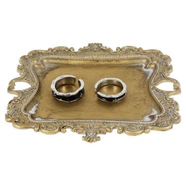 Imagem de Pequena bandeja de joias vintage, suporte de anel de prato de joias, prato de bugiganga de ouro, prato de prato rústico, bandeja de colar de brinco antigo, mini bandeja decorativa de metal para