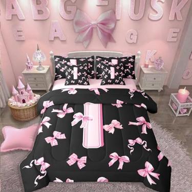 Imagem de Erosebridal Conjunto de edredom queen com laço rosa, rosa e preto, letra I em uma bolsa com laço de coquete, fofo, conjunto de cama de 7 peças, moderno, moderno, com laço, edredom
