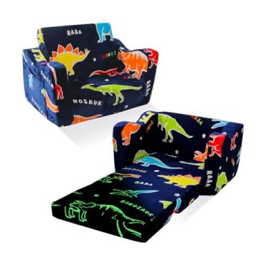 Imagem de ONEKUKA Sofá infantil infantil dinossauro que brilha no escuro 2 em 1 sofá-cama dobrável dobrável para crianças, cadeira de sofá para meninos e meninas, presente