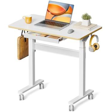 Imagem de JOY worker Mesa de pé móvel, mesa de pé pequena de 88 cm com gaveta, mesa pneumática com rodinhas ajustável em altura comporta até 15 kg, mesa branca para laptop móvel com duas alças e colunas