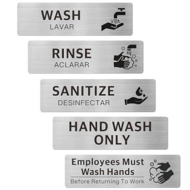 Imagem de 5PK Etiquetas bilíngües de lavatório, higienização, lavagem à mão, apenas os funcionários devem lavar as mãos, alumínio escovado, descascar e colar à prova d'água para cozinhas comerciais, caminhões