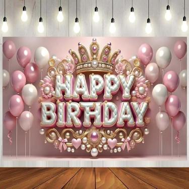 Imagem de Faixa de fundo rosa princesa feliz aniversário 1,5 x 1,2 m coroa elegante para doces meninas festa de aniversário bolo suprimentos de mesa fotografia fundo adereços de foto bonito 007 ZHTAOYH