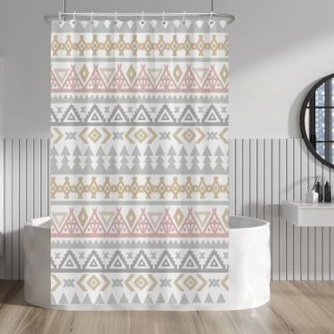 Imagem de Baocicco Cortina de banheiro com estampa boêmia abstrata para banheiro rosa cinza triângulo geométrico listrado decoração de banheiro tecido poliéster impermeável com ganchos para banheiras de spa de