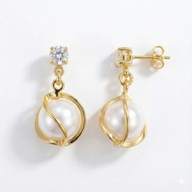 Imagem de Brinco Feminino Pequeno Pérola Ponto de Luz com Zircônia Clássico Folh