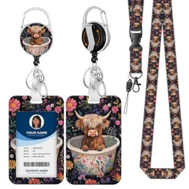 Imagem de Cordão bonito de vaca Highland para crachás de identificação com carretel retrátil e mosquetão, suporte de etiqueta de nome ajustável para professores, enfermeiros, estudantes e funcionários de