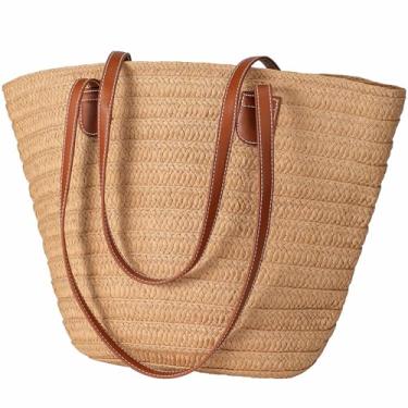 Imagem de Trifabricy Bolsa de praia, bolsa de praia grande para mulheres, sacola de praia de palha tecida, impermeável, para natação, academia, compras, viagem, Palha A-cáqui, One Size