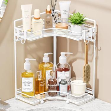 Imagem de VITVITI Organizador de balcão de banheiro de canto de 2 camadas, organizador de bancada de banheiro para pia, organizador de maquiagem de malha de metal para cozinha de bancada com ganchos, branco