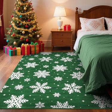 Imagem de GarveeHome Tapetes laváveis de Natal, 12 x 18 cm, antiderrapante, para quarto, floco de neve, tapete de pelo baixo, macio, não cai, tapetes de Natal verdes dobráveis para berçário, sala de jantar