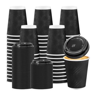 Imagem de BYSNOW Xícaras de café de 340 g com tampas, pacote com 50 xícaras de café descartáveis, copos de papel ondulados isolados para casa, escritório e festa (preto 340 g)