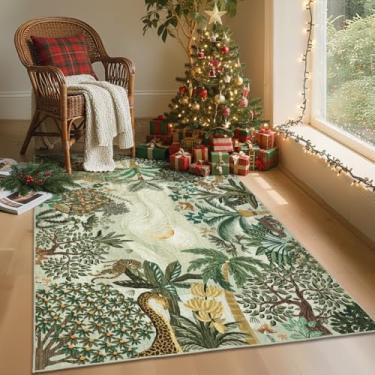 Imagem de GarveeHome Tapete lavável de 7 x 12 cm para quarto, tapete macio de tigre de animais da selva, antiderrapante, tapete verde, resistente a manchas, tapete para cabeceira, quarto de crianças, escritório