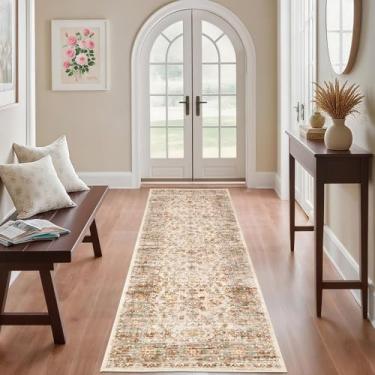 Imagem de Tapete vintage 2х6, antiderrapante, lavável, resistente a manchas, supermacio, envelhecido, ideal para áreas de alto tráfego no quarto, sala de estar, cozinha, corredor, marfim/amarelo claro