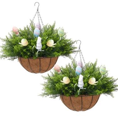 Imagem de FZHCZWZX Cesta artificial para pendurar na Páscoa – 12 ramos de cedro, 6 ovos decorativos e 1 coelhinho – decoração de varanda de Páscoa para pátio, casa, plantador suspenso de primavera ao ar livre