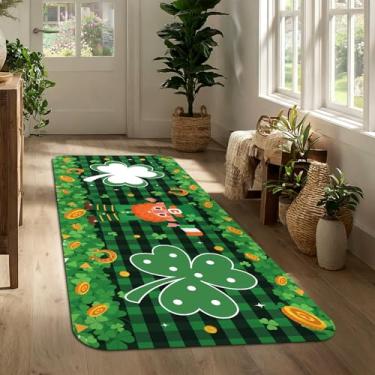 Imagem de Tapete de corredor do dia de São Patrício 43 x 129 cm, tapete de entrada da sorte trevo verde, tapete de porta longo antiderrapante para corredor, cozinha, porta da frente, decoração sazonal de casa