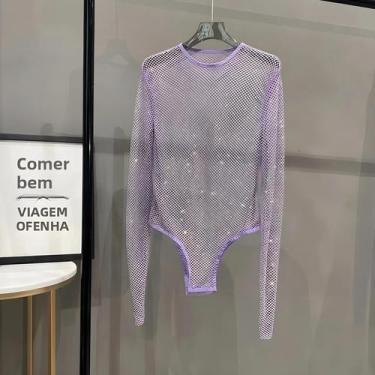 Imagem de Macacão Sexy Feminino Com Strass E Malha Transparente, Decote Redondo,