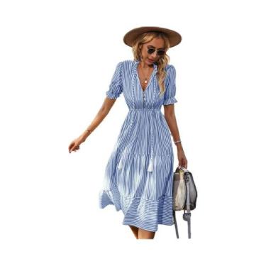 Imagem de Vestido Midi Listrado Com Decote Em V Para Mulheres, Casual De Verão, 