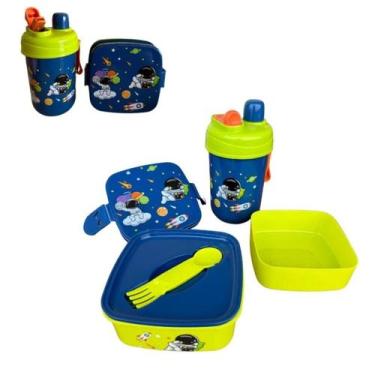 Imagem de Kit Infantil com Marmita Lancheira e Garrafa 600ml cor:Azul Astronauta